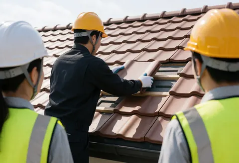 Technician wearing helmet and vest placing a brown roof tile under clear sky during repair work