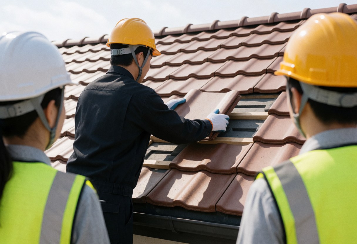 Technician wearing helmet and vest placing a brown roof tile under clear sky during repair work