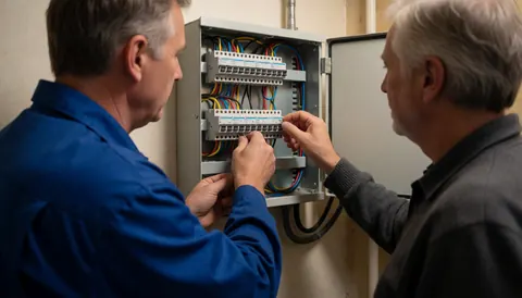Two technicians working together to connect colorful wires inside an electrical box during a system installation