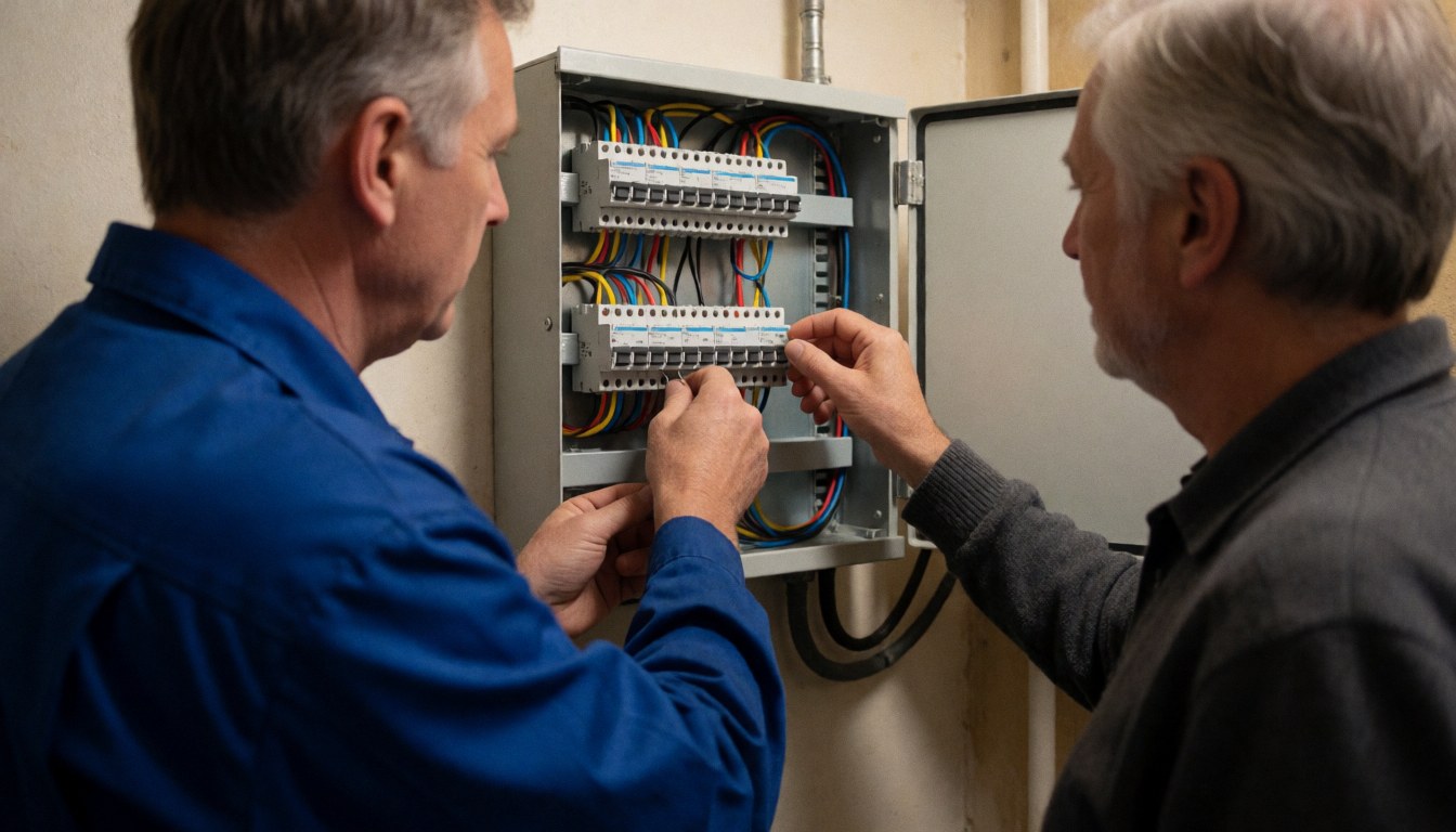 Two technicians working together to connect colorful wires inside an electrical box during a system installation