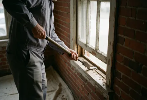 A worker in a gray uniform uses a tool to remove an old wooden window frame against a red brick wall during installation work.
