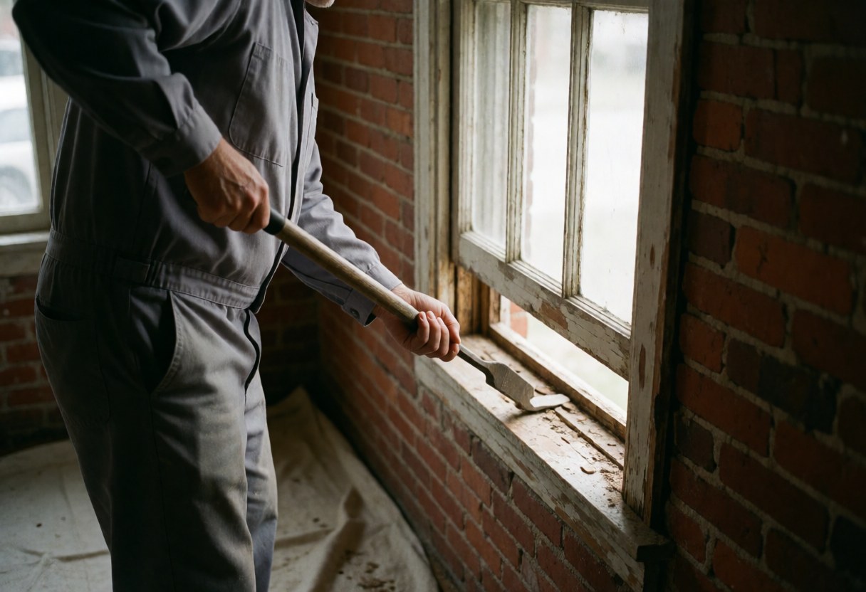 A worker in a gray uniform uses a tool to remove an old wooden window frame against a red brick wall during installation work.