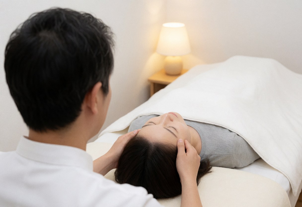 Therapist massaging a client's head while they lie on a treatment table in a professional clinic with warm lighting and white towels.