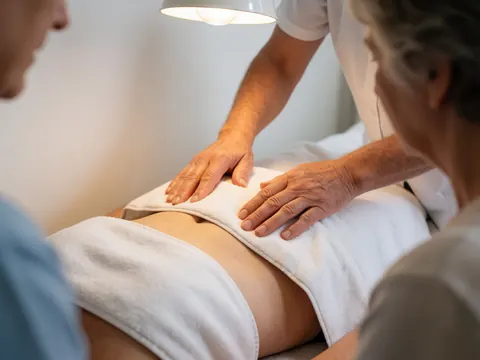 Therapist applies heat with a white towel on a patient's abdomen during an acupuncture consultation with practical lighting and a white wall.