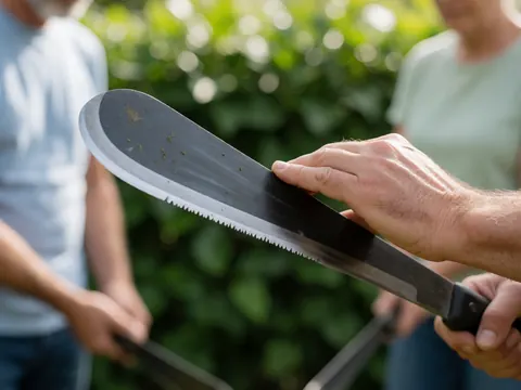 Close-up of a sharp machete with serrated edge held in hand against bright natural light and green foliage background for tool repair details.