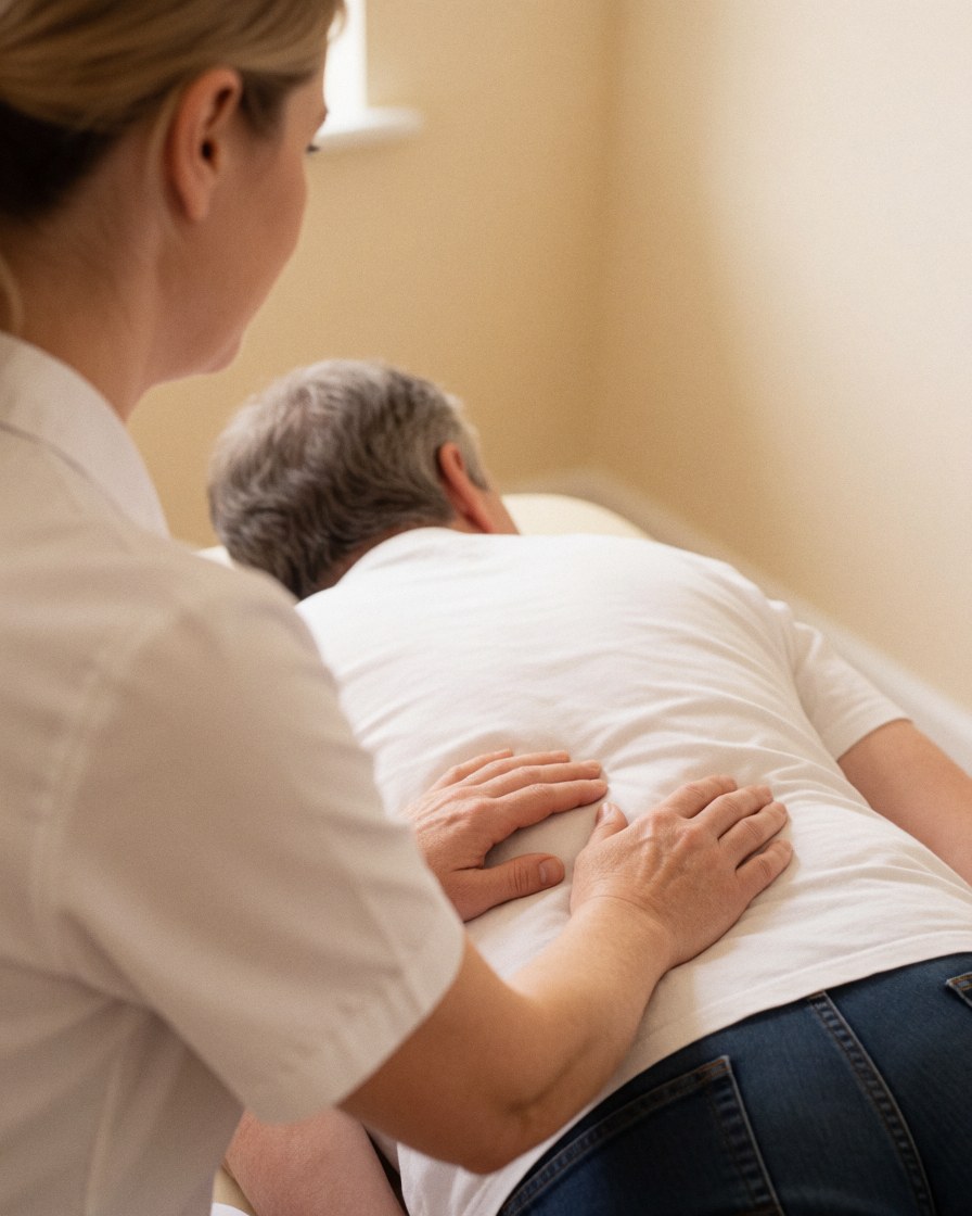 An osteopath performing a back treatment on a patient in a consultation room with beige walls and natural lighting.