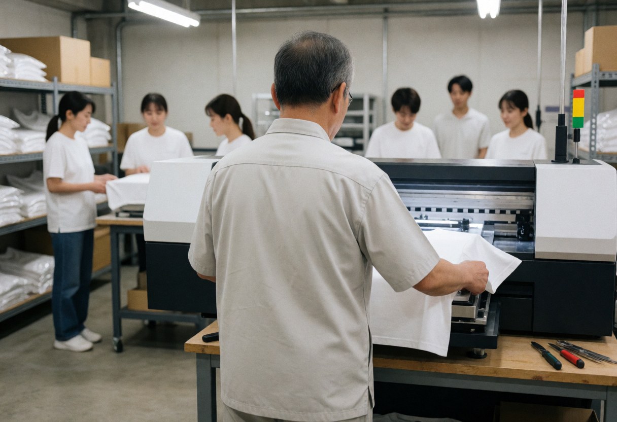 Technician adjusts the platen on a direct-to-garment printer in an apparel customization workshop.