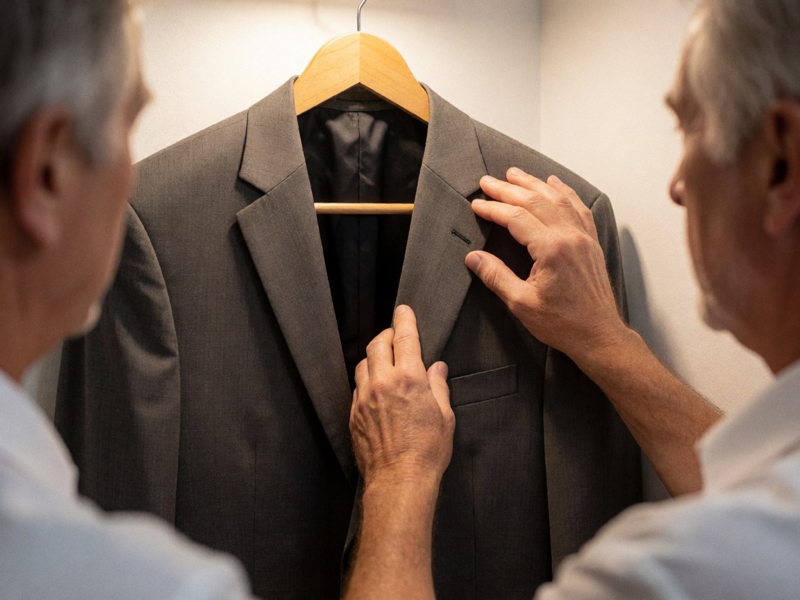Close-up of a hand carefully adjusting the lapel of a gray suit jacket hanging on a white wall with warm lighting.