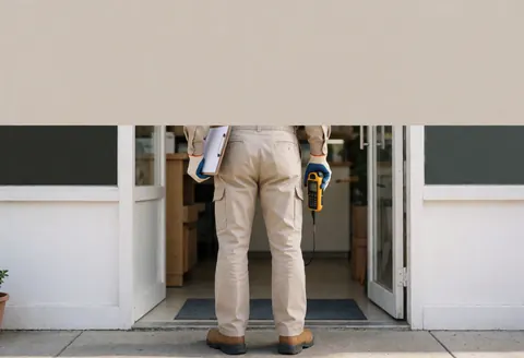 Antenna installer holding a signal meter while working outside a store entrance.