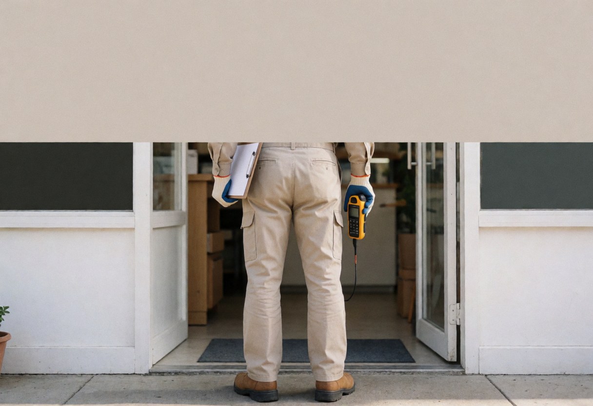 Antenna installer holding a signal meter while working outside a store entrance.