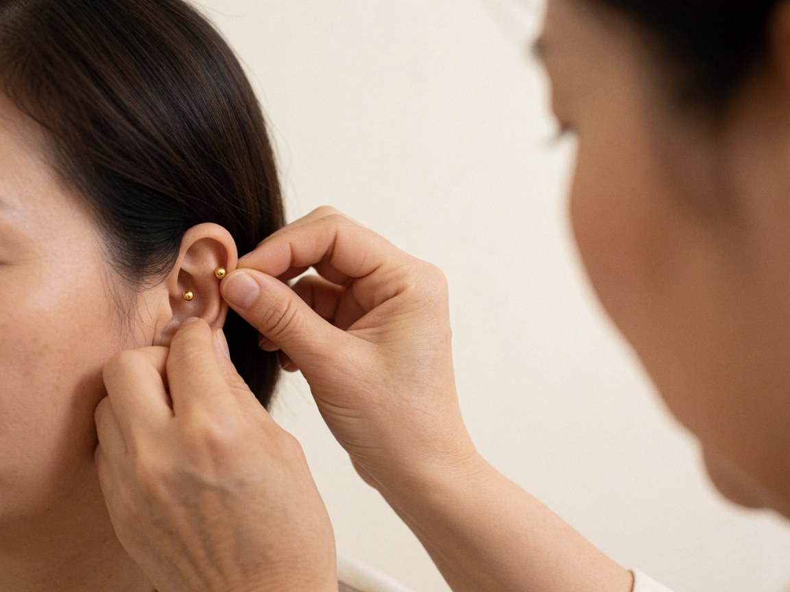 Close-up of hands placing golden drops into a patient's ear for auriculotherapy treatment with soft lighting and warm white walls.