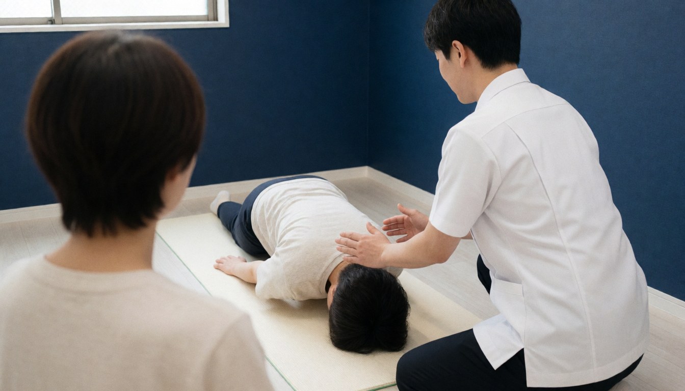Therapist in white uniform performs therapeutic massage on patient lying on blue background