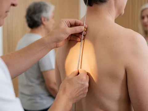 Professional using a metal plumb line to measure spinal curvature in a clinic setting with wooden walls and warm lighting.