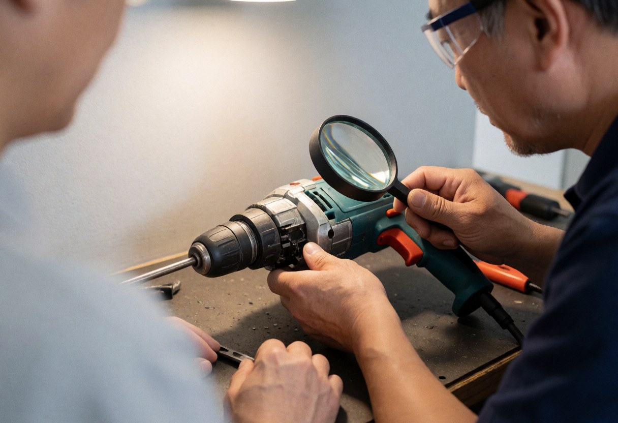 A tool repair technician closely inspects an electric drill using a magnifying glass in a workshop setting.