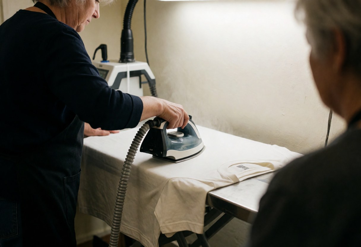 A person irons a white t-shirt on an ironing board in a workshop with white walls, demonstrating apparel customization services.