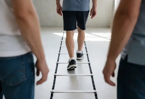 A person walks through an agility ladder during a physical therapy session in a room with concrete walls and natural light.