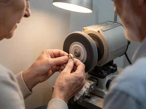 Expert hands using a polishing machine on a gold ring in a jewelry workshop under task lighting.
