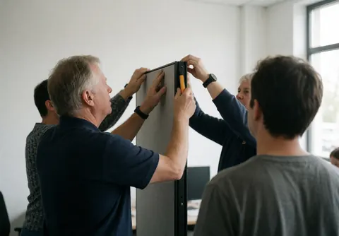 Technicians installing a white office divider panel with natural light, demonstrating professional furniture assembly service.