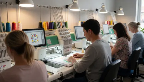 Digital embroidery machines operating with colorful thread spools, design screens, and work tables under bright lighting.