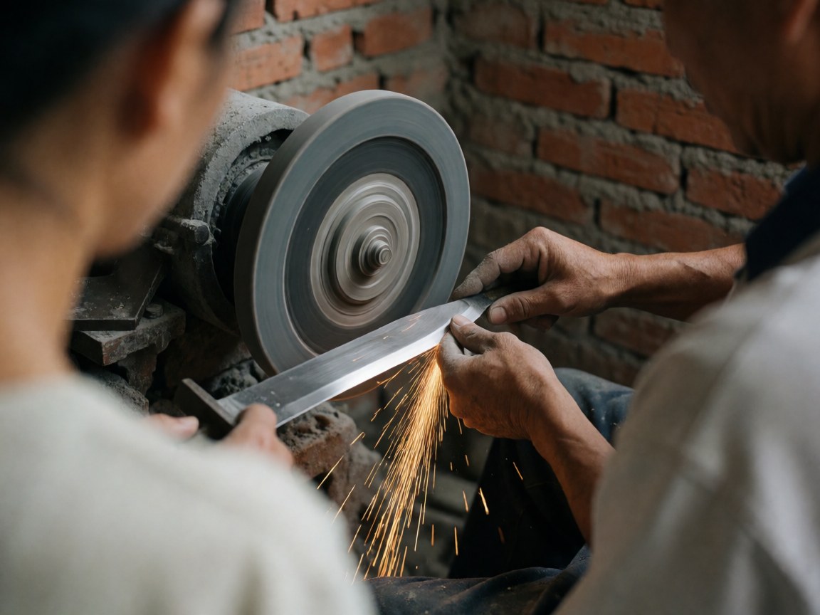 Blacksmith using a diamond roller to sharpen a machete, creating sparks against a red brick wall in a tool workshop