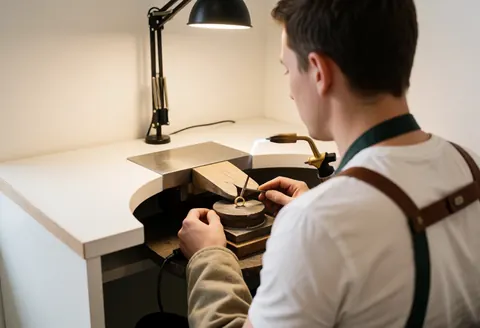 Close-up view of a jeweler using a torch to solder a gold ring on a workbench in a jewelry repair studio.