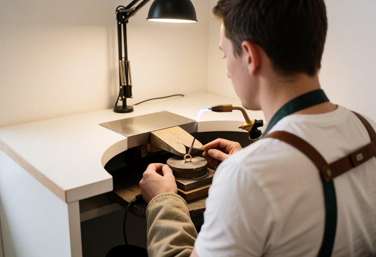 Close-up view of a jeweler using a torch to solder a gold ring on a workbench in a jewelry repair studio.
