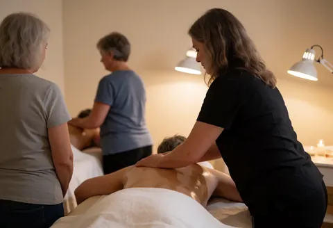 Therapist applying oil to a client's back on a treatment table under work lights in a calm beige room