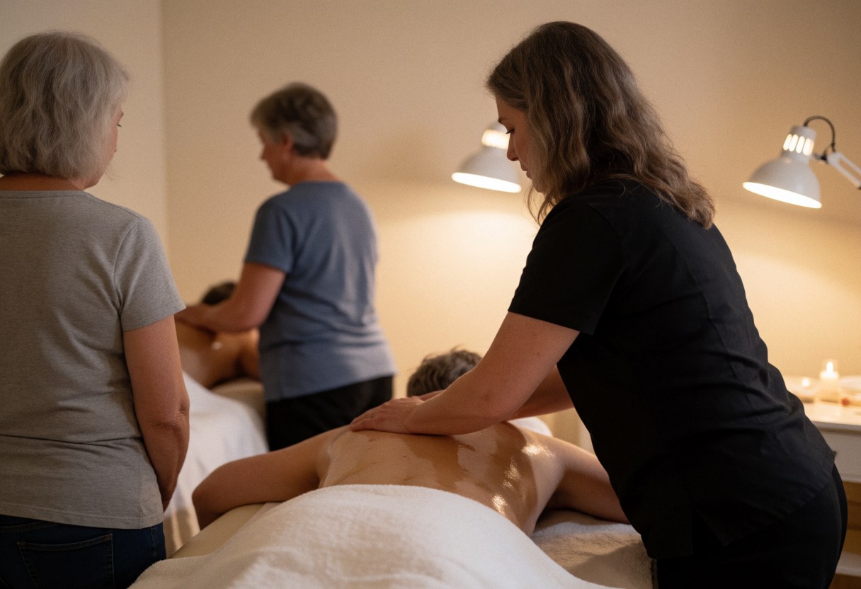 Therapist applying oil to a client's back on a treatment table under work lights in a calm beige room