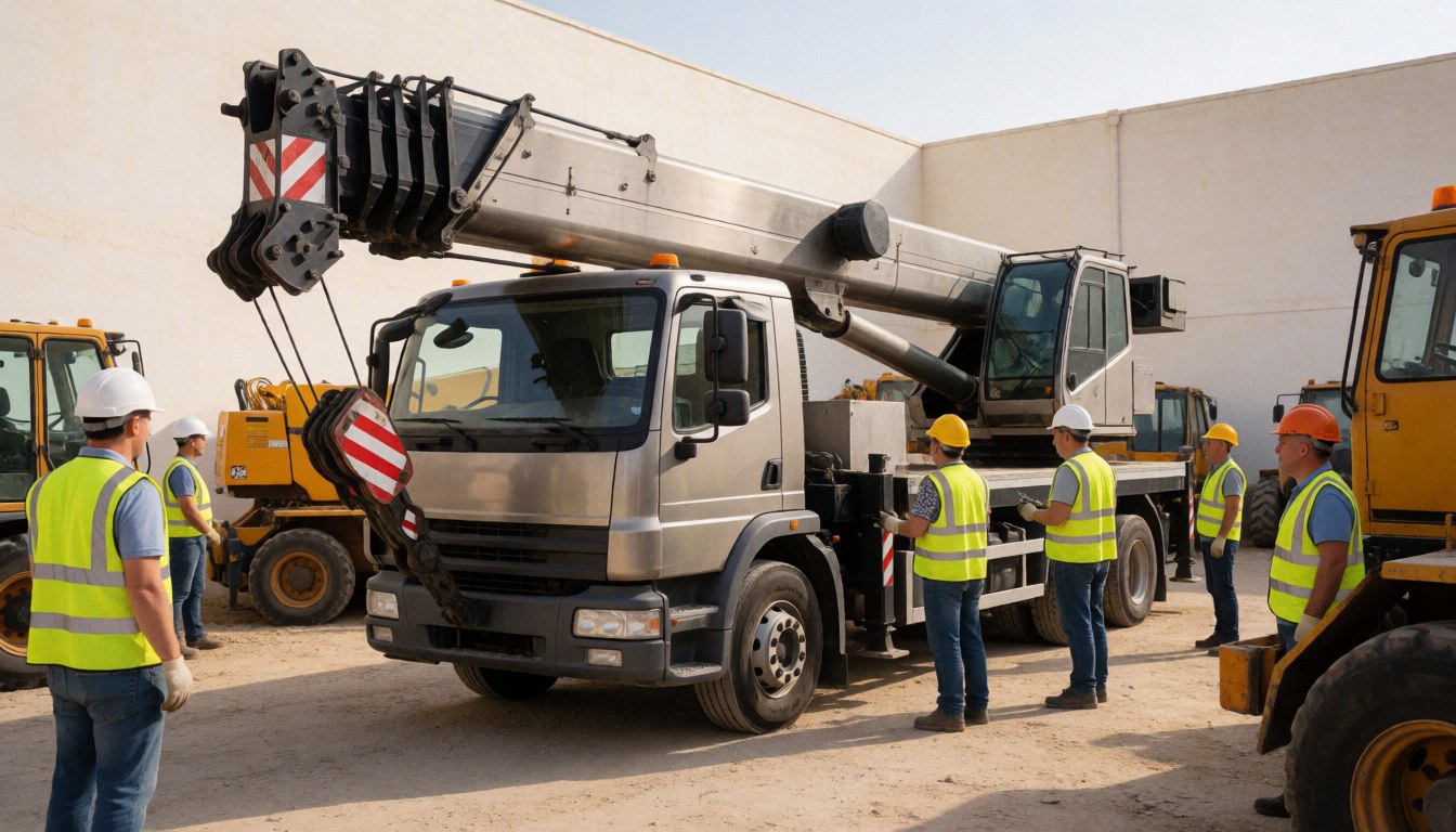 Mobile crane with telescopic boom in industrial yard, workers wearing helmets and vests, heavy machinery around, work scene.
