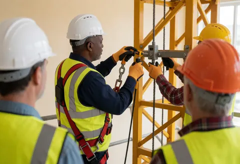 Worker in yellow safety gear adjusts a crane chain while colleagues observe the maintenance operation on site.