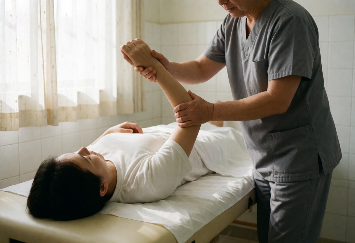 A therapist in a gray uniform guides a patient's arm stretch while lying on a treatment table in a clinic with white tiled walls and natural light.