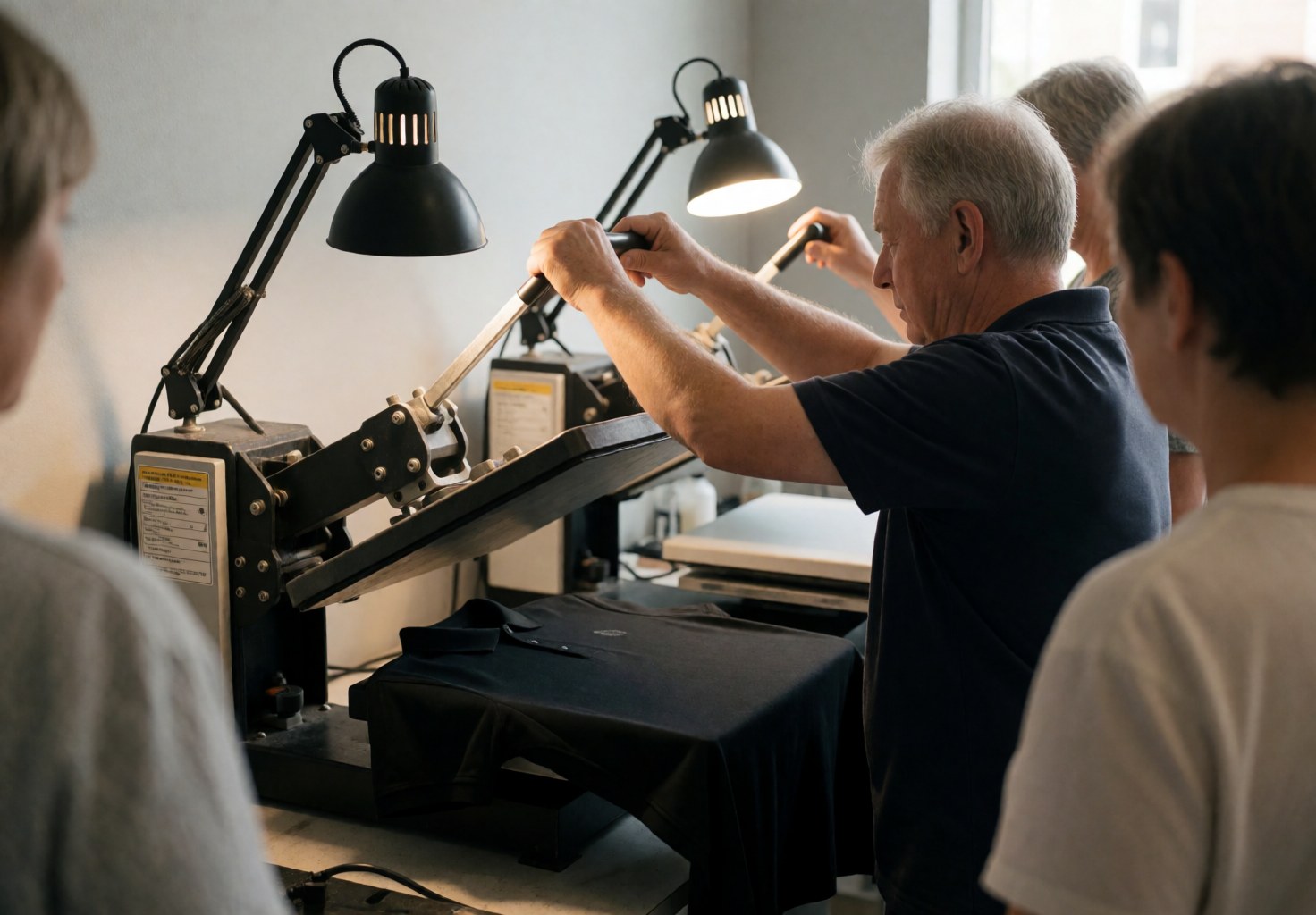 Technician uses heat press to apply custom design onto a black t-shirt in a workshop setting.