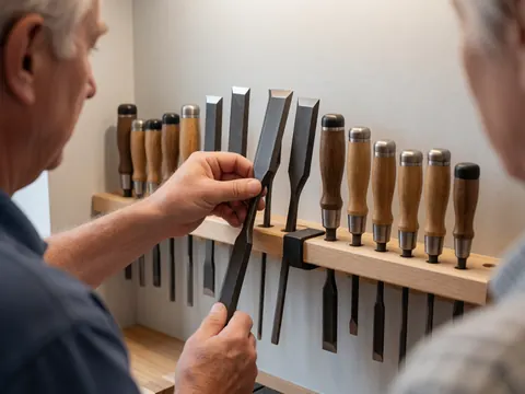 Close-up of a hand adjusting a chisel held in a wooden support during tool repair work.