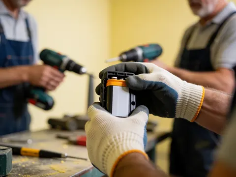 Close-up of gloved hands installing a battery pack into a cordless drill in a workshop with yellow walls and tools on a table.
