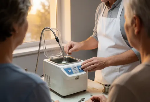 A jeweler in a white shirt and apron operates an ultrasonic cleaning machine while two customers watch in a workshop with warm window light and gray walls.