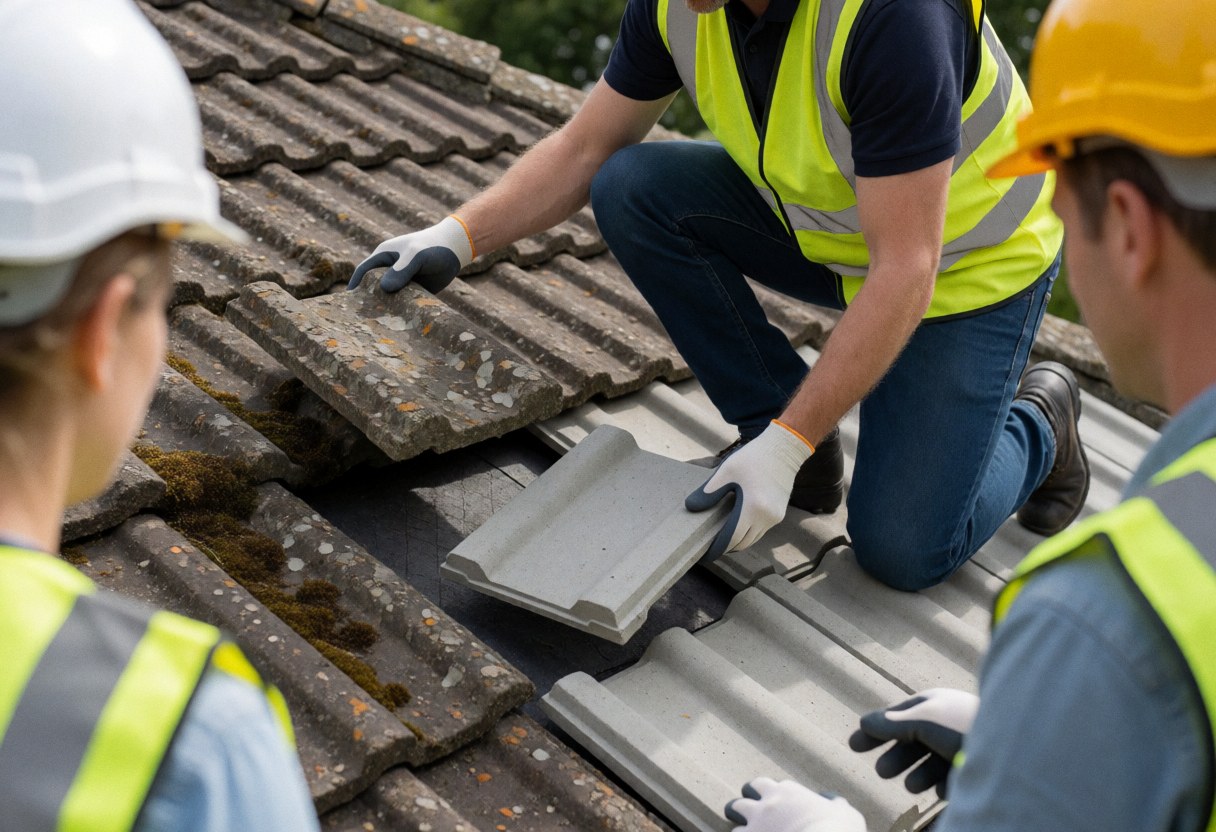 Technician repairing moldy roof tiles while wearing safety gear and showing new shingles during a roof repair service.