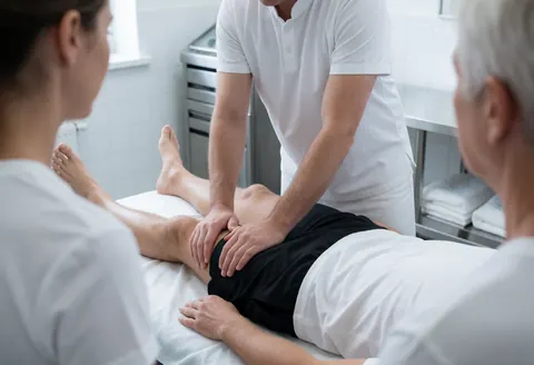 Therapist massaging a client's quadriceps on a white table in a clinical room with white walls while two people observe from the sides.