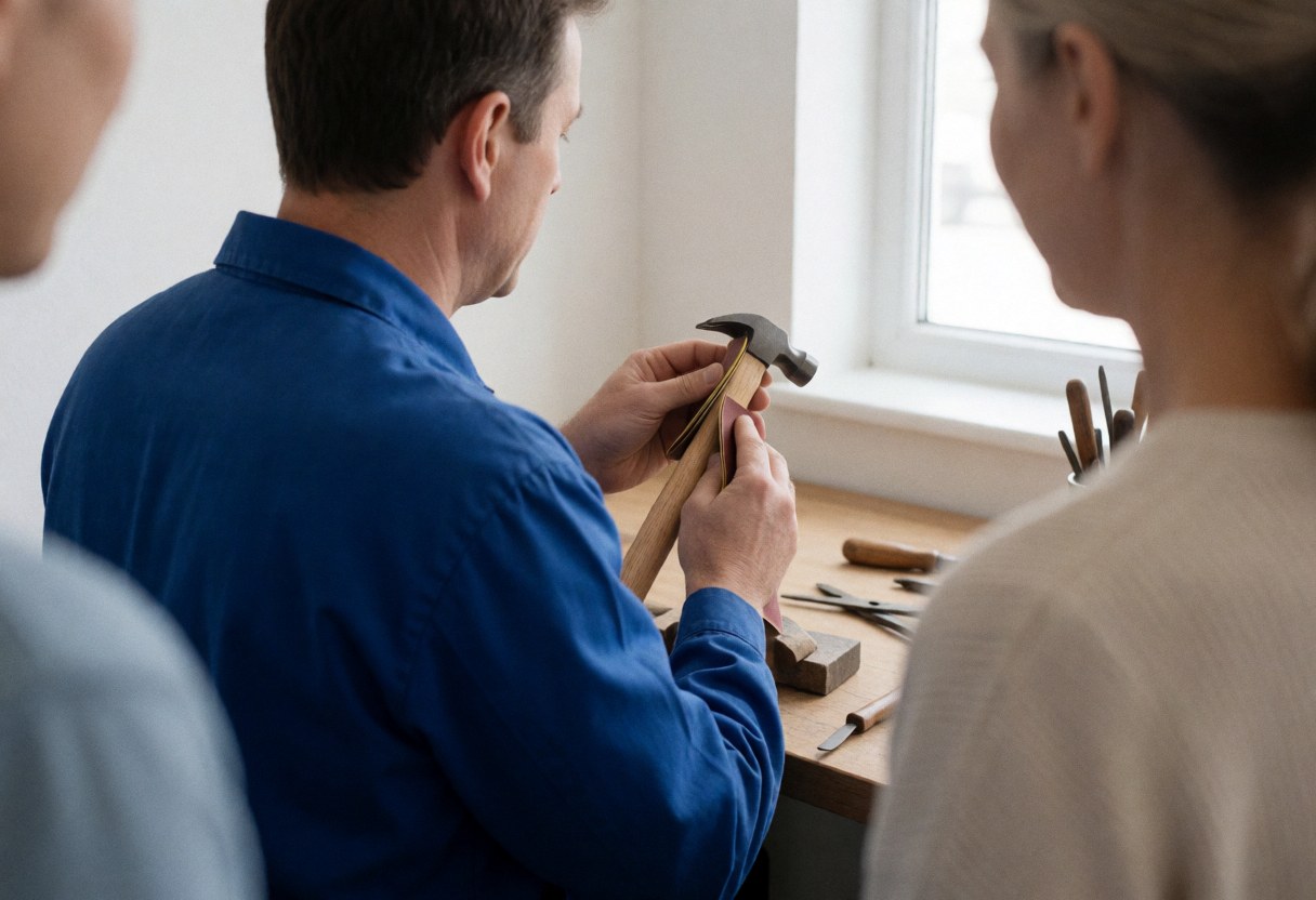 Repair technician sanding a wooden hammer handle in a workshop with tools on a bench and natural light from a window.