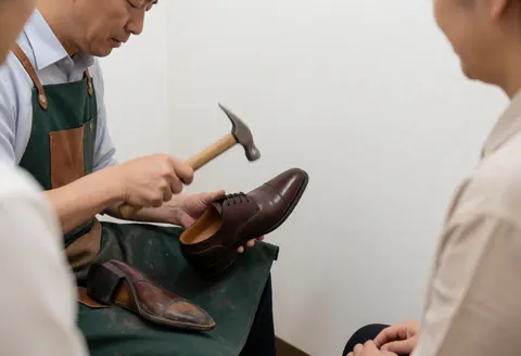 A cobbler hammers a brown leather shoe while two customers watch the work in a white-walled workshop.
