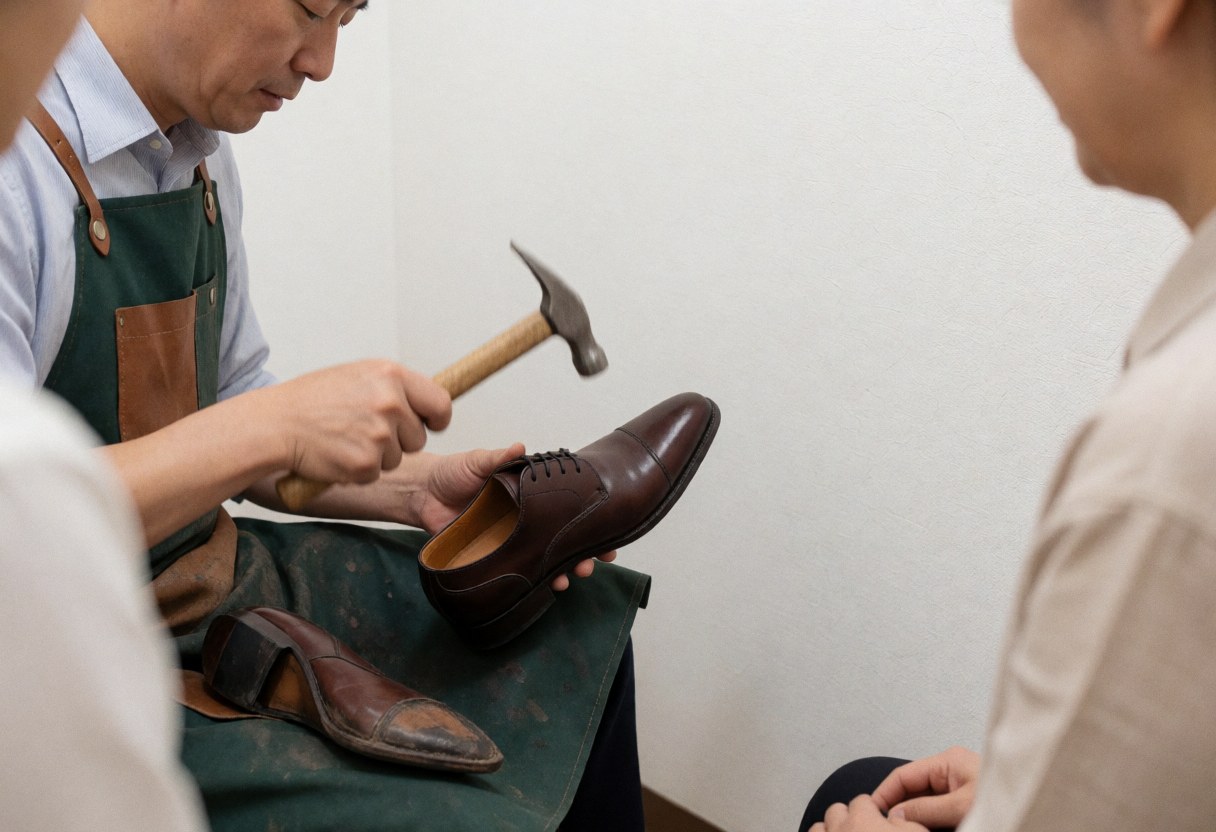 A cobbler hammers a brown leather shoe while two customers watch the work in a white-walled workshop.