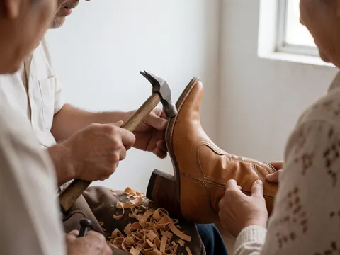 A cobbler hammers a cowboy boot heel while an assistant holds it steady in a workshop with wood shavings and natural light.