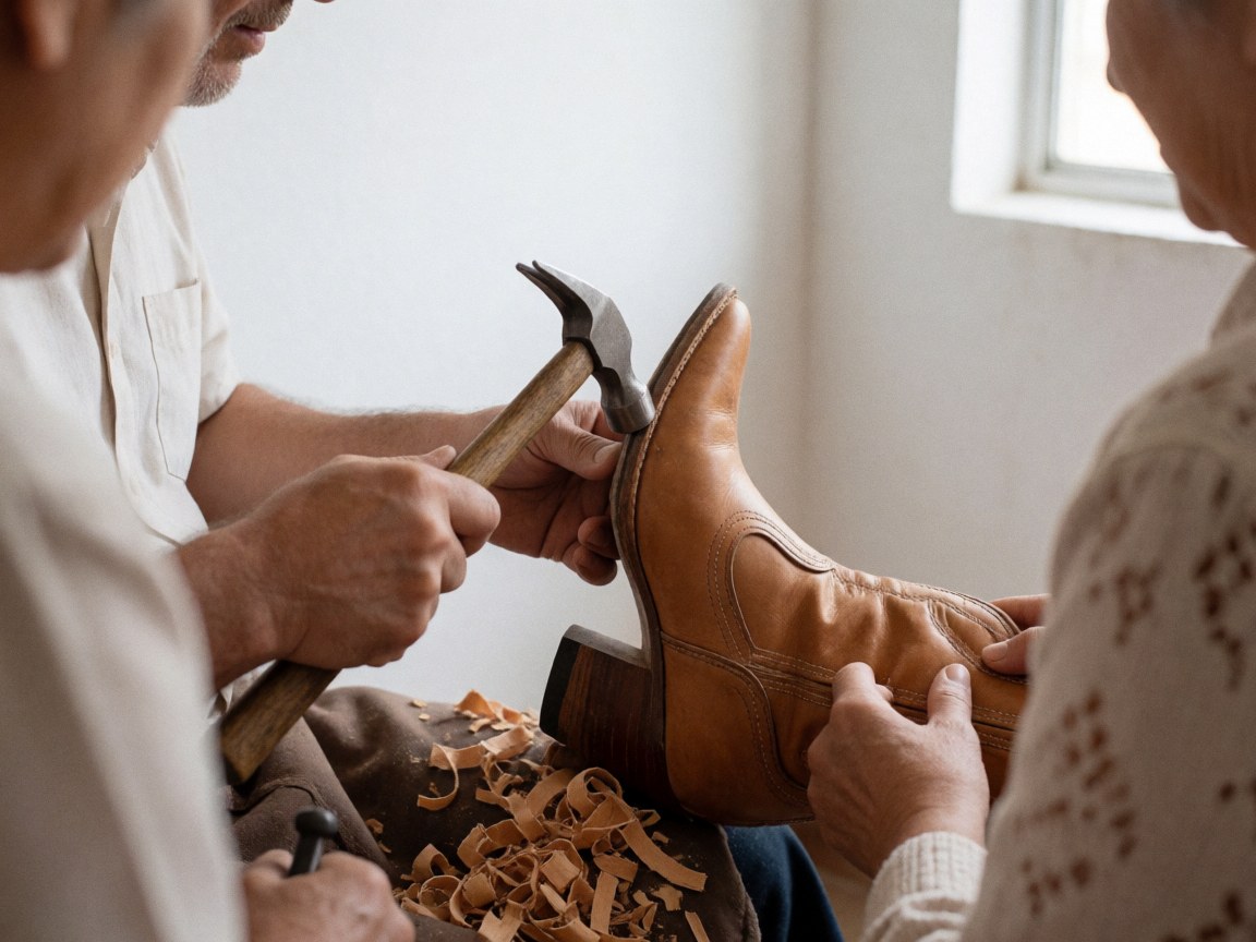 A cobbler hammers a cowboy boot heel while an assistant holds it steady in a workshop with wood shavings and natural light.