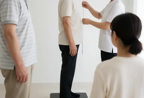 Therapist using a plumb line to measure the standing posture of a patient on a platform in a white-walled clinic.