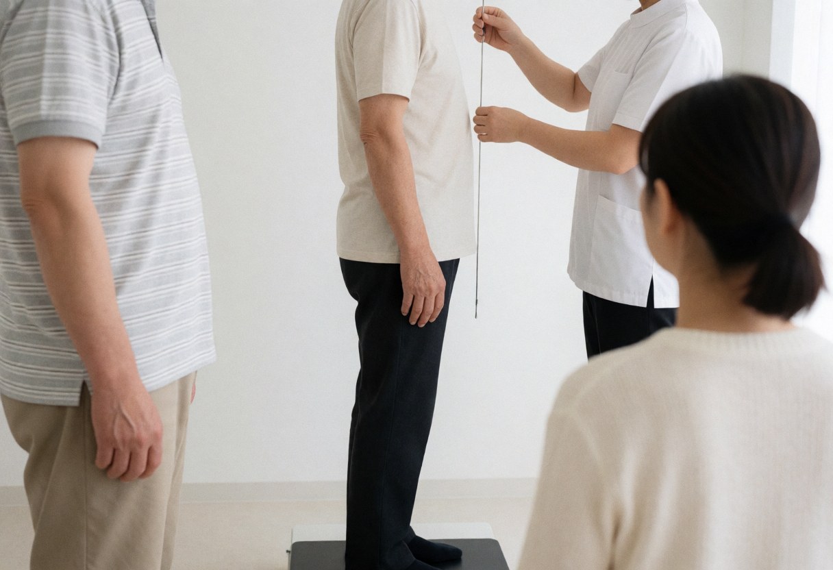 Therapist using a plumb line to measure the standing posture of a patient on a platform in a white-walled clinic.
