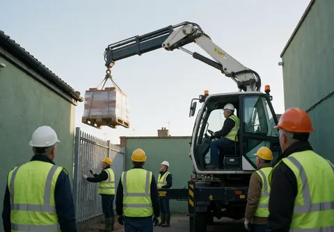 An articulated crane lifts a pallet of bricks in an urban construction area with workers wearing safety gear.