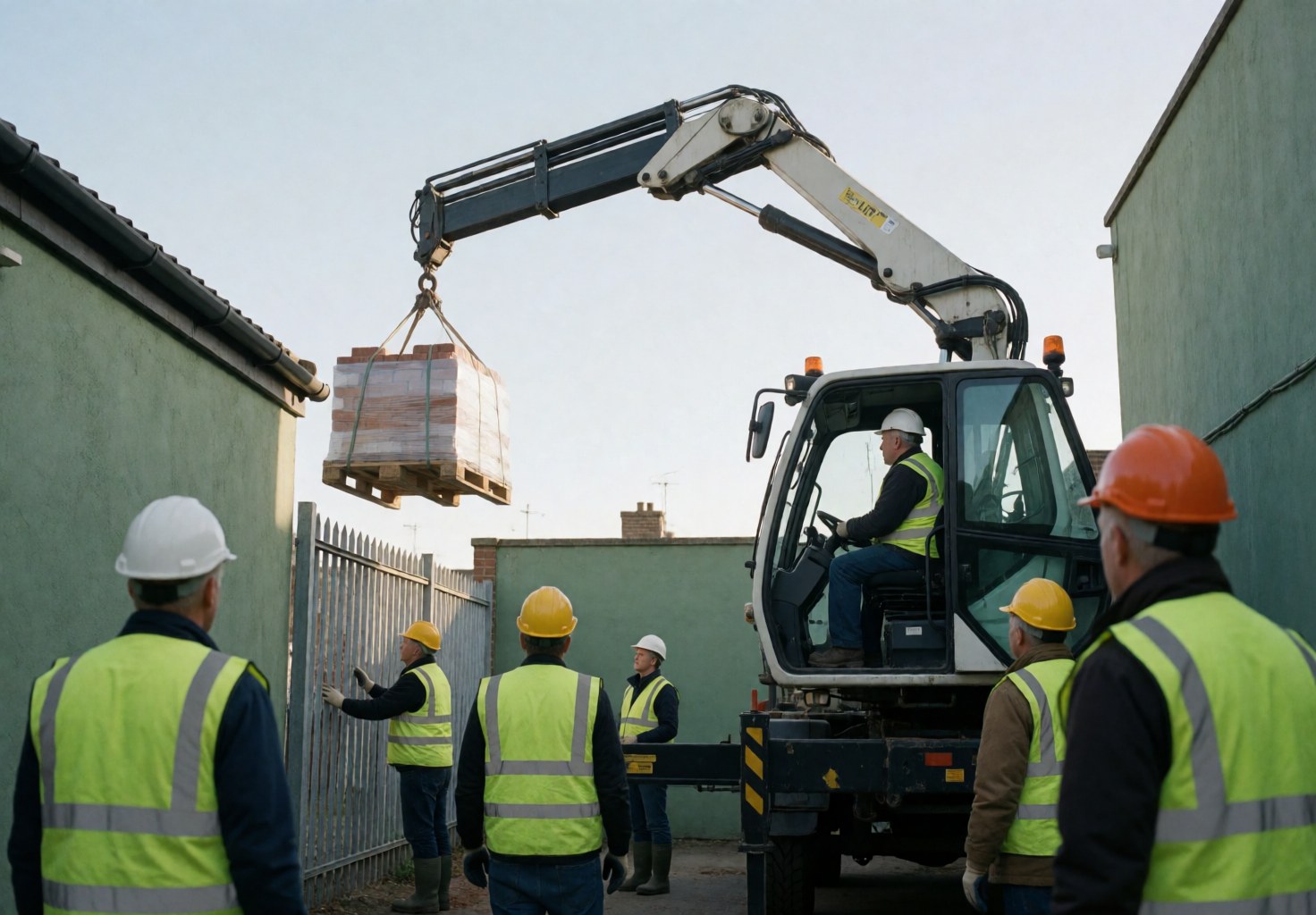 An articulated crane lifts a pallet of bricks in an urban construction area with workers wearing safety gear.