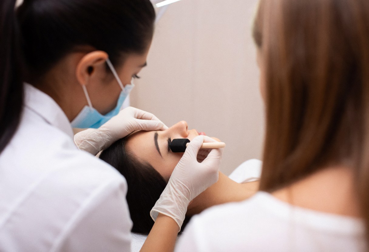 Professional lash technician wearing mask and gloves applies false eyelashes to a client using a foam brush in a salon setting.