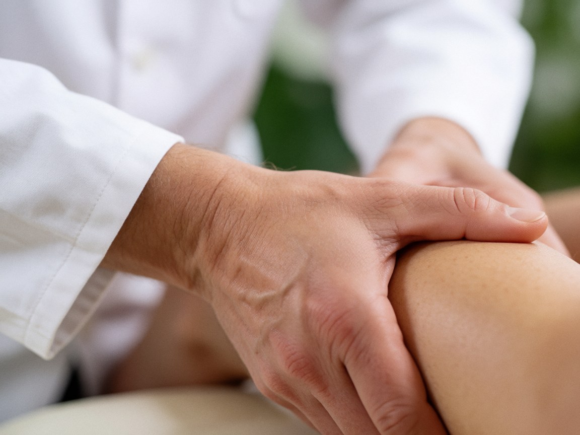 Close-up of therapist hands applying massage to a knee, wearing a white sleeve against a blurred green background, illustrating osteopathy service in action.