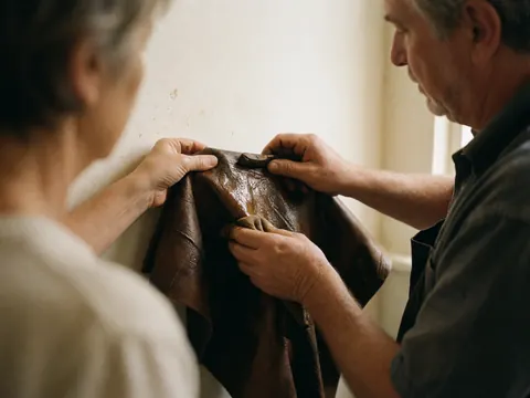 A hand applies dark oil to a piece of leather held by another person in a workshop with warm white walls.
