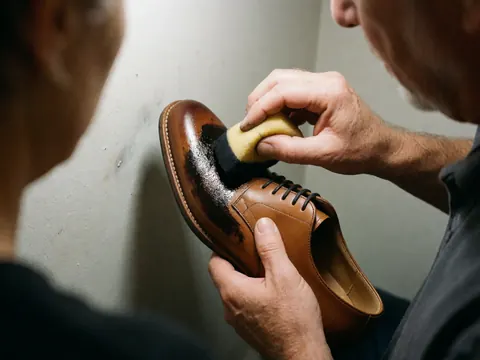 Close-up of a hand using a tool to apply dark dye to a leather shoe on a light gray wall.
